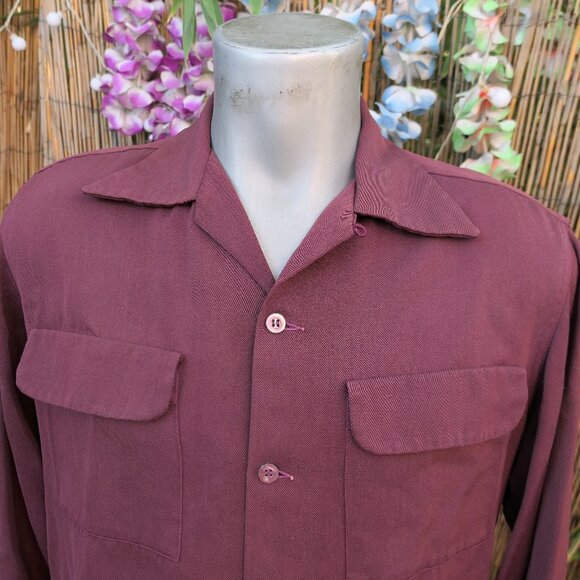 40's Vintage CAMERON Gabardine Loop Collar Flap Pockets L/S Shirt Medium - Picture 2 of 5